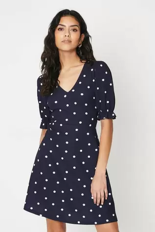 Petite Navy Spot Short Sleeve Jersey Mini Dress