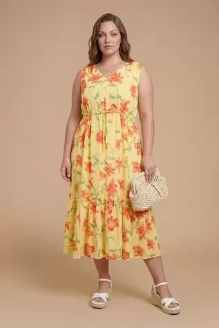 Plus Floral Sleeveless Drawstring Waist Tiered Maxi Dress