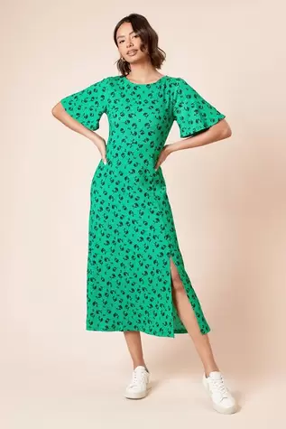 Green Floral Angel Sleeve Jersey Midi Dress
