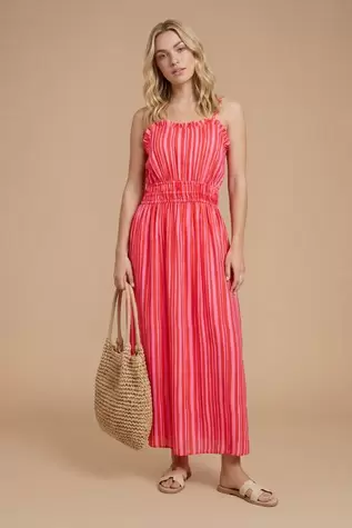 Pink Stripe Twist Strap Detail Printed Midi Dress