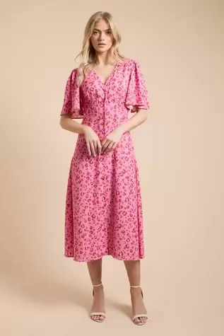 Animal Button Front Angel Sleeve Tie Back Midi Dress