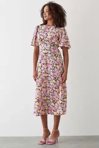 Pink Floral Flutter Sleeve Shirred Waist Midi Dress