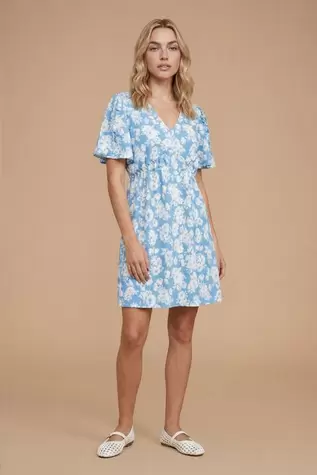 Blue Floral Frill Detail Angel Sleeve Mini Dress