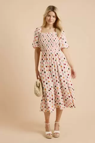 Cream Spot Shirred Bodice Flutter Sleeve Midi Dress
