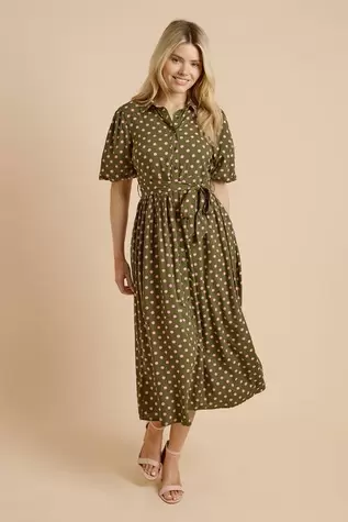 Green Spot Belted Puff Sleeve Shirt Dress