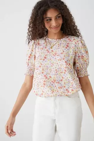 Multi Ditsy Shirred Hem Blouse