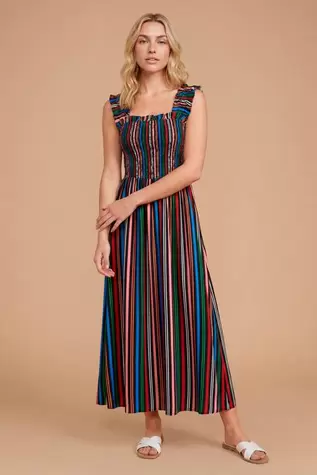 Multi Stripe Shirred Bodice Frill Sleeve Maxi Dress