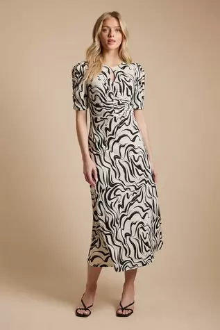 Neutral Short Sleeve Keyhole Jersey Midi Dress