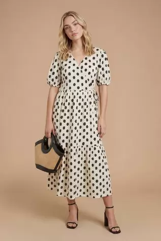 Mono Spot Wrap Front Puff Sleeve Tiered Maxi Dress