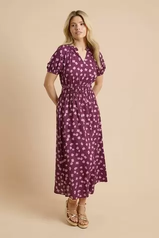 Purple Ditsy Puff Sleeve Waisted Midi Dress