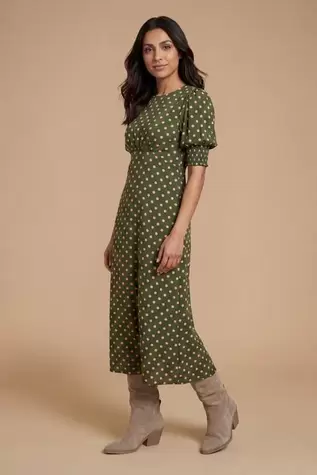 Petite Green Spot Shirred Cuff Midi Dress