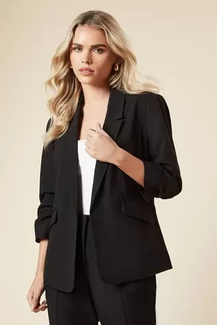 Petite Black Ruched Sleeve Blazer