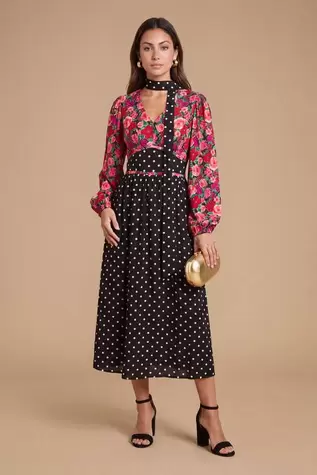 Petite Print Mix Long Sleeve Tie Detail Maxi Dress