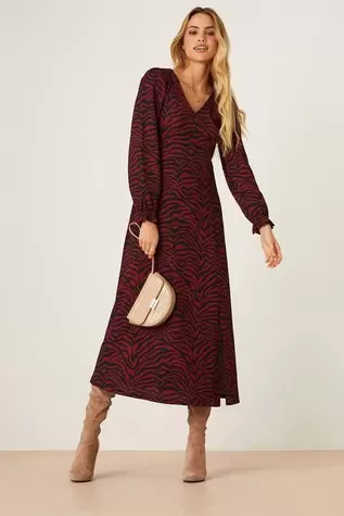 Berry Zebra V Neck Midi Dress