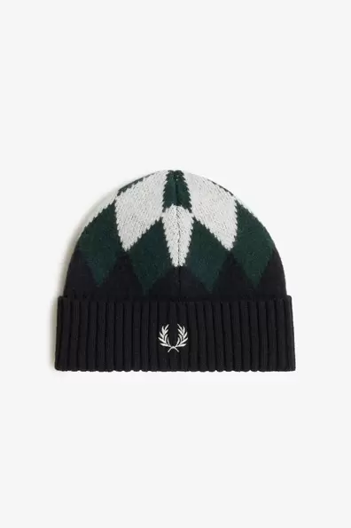 Diamond Jacquard Wool Beanie Green Grassroots