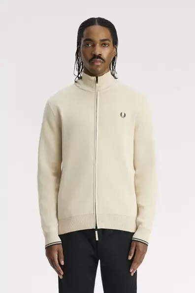Fabric Block Zip-Through Cardigan White Oatmeal