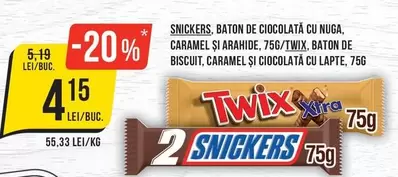 Snickers - BATON DE CIOCOLATĂ CU NUGA, CARAMEL ȘI ARAHIDE/BATON DE BISCUIT, CARAMEL ȘI CIOCOLATĂ CU LAPTE