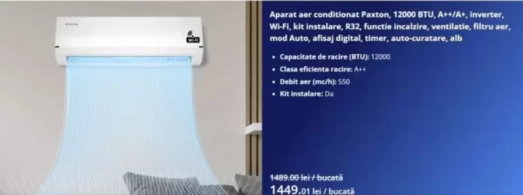 Alb - Aparat aer conditionat Paxton, 12000 BTU, A++/A+, Inverter, Wi-Fi, kit instalare, R32, functie incalzire, ventilatie, filtru aer, mod Auto, afisaj digital, timer, auto-curatare, alb