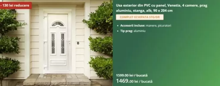 Alb - Usa exterior din PVC cu panel, Venetia, 4 camere, prag aluminiu, stanga, alb, 90 x 204 cm