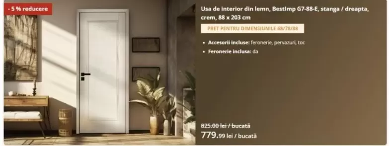 Usa de interior din lemn, Bestway G7-88-E, stanga / dreapta, crem, 88 x 203 cm