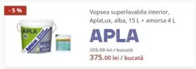 Vopsea superlavabila interior, AplaLux, alba, 15 L + amorsa 4 L