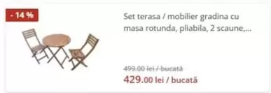 Set terasa / mobilier gradina cu masa rotunda, pliabila, 2 scaune,...