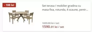 Set terasa / mobilier gradina cu masa fixa, rotunda, 4 scaune, pentr...