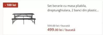 Set berarie cu masa pliabila, dreptunghiulara, 2 banci din plastic