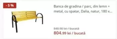Dalia - Banca de gradina / parc, din lemn + metal, cu spatar, , natur, 180 x...