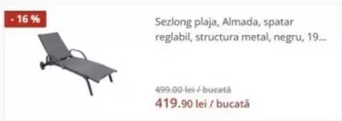 Sezlong plaja, Almada, spatar reglabil, structura metal, negru, 19...