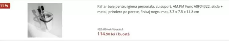 Pahar base pentru igiena personala, cu suport, AM.PM Func AMF34322, sticla + metal, prindere pe parete, finisaj negru mat, 8.2 x 7.5 x 11.6 cm