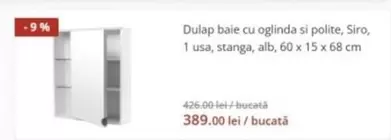 Alb - Dulap baie cu oglinda si polite, Siro, 1 usa, stanga, alb, 60 x 15 x 68 cm