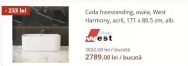 Alb - Cada freestanding, ovala, Harmony, acril, 171 x 80.5 cm, alb