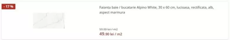 Alb - Faianta baie I bucatarie Alpina White, 30 x 60 cm, lucioasa, rectificata, alb, aspect marmura