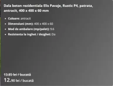 Dala beton rezidentiala Rustic P4, patrata, antracit, 400 x 400 x 60 mm