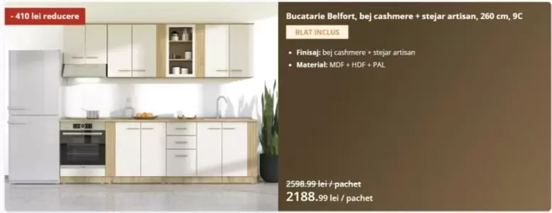 Bucătărie Belfort, bej cashmere + stejar artisan, 260 cm, BC