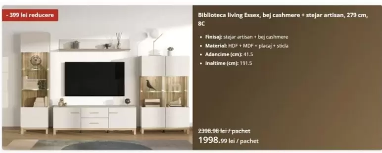 Biblioteca living Essen, bej cashmere + stejar artisan, 279 cm, BC
