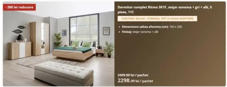 Alb - Dormitor complet Rima 3X1F, stejar sonoma + gri + alb, 5 piese, 11C