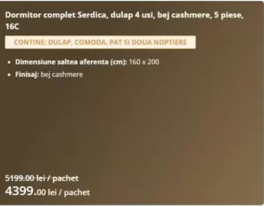 Dormitor complet Serdica, dulap 4 usi, bej cashmere, 5 piese, 16C