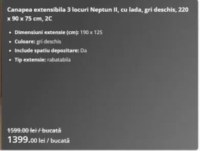 Canapea extensibila 3 locuri Neptun II, cu lada, gri deschis, 220 x 90 x 75 cm, 2C