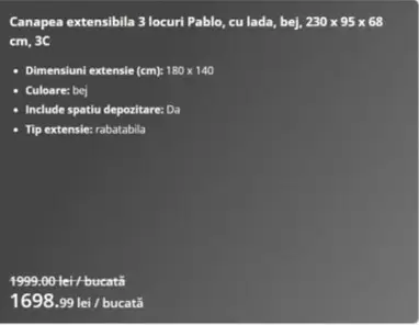 Canapea extensibila 3 locuri Pablo, cu lada, bej, 230 x 95 x 68 cm, 3C
