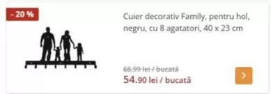 Cuier decorativ Family, pentru hol, negru, cu 8 agatatori, 40 x 23 cm