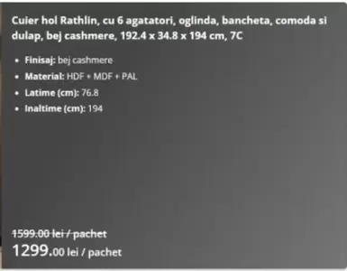 Cuier hol Rathlin, cu 6 agatatori, oglinda, bancheta, comoda si dulap