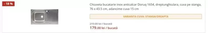 Chiuveta bucatarie inox anticalcar Doriny 1054, dreptunghiulara, cuve pe stanga, 76 x 43.5 cm, adancime cuva 13 cm