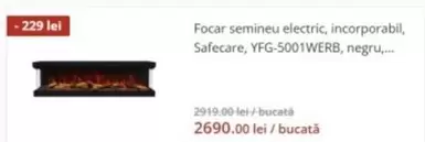Focar semineu electric, incorporabil, YFG-5001WERB, negru