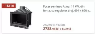 Focar semineu Atina, 14 kW, din fonta, cu regulator tiraj, 694 x 690 x