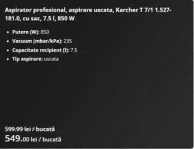 aspirare uscata, Karcher T 7/1 1.527-181.0, cu sac, 7.5 l, 850 W