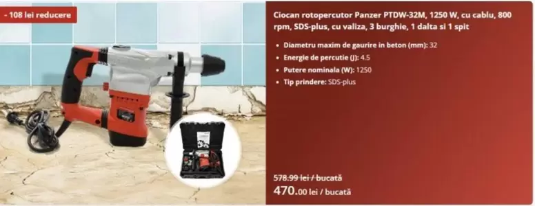 Ciocan rotopercutor Panzer PTDW 32M, 1250 W, cu cablu, 800 rpm, SDS-plus, cu valiza, 3 burghie, 1 daltă si 1 spit
