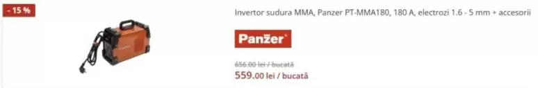 sudura MMA, Panzer PT-MMA180, 180 A, electrozi 1.6 - 3 mm + accesorii