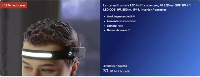 Lanterna frontala LED Hoff, cu sensor, 40 LED-uri XPE 1W + 1 LED COB 1W, 250lm, IP44, interior / exterior